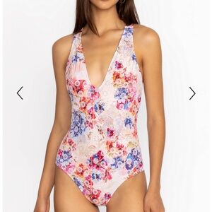 Johnny Was Summer Days Eyelet Floral Crossback One Piece Swimsuit M